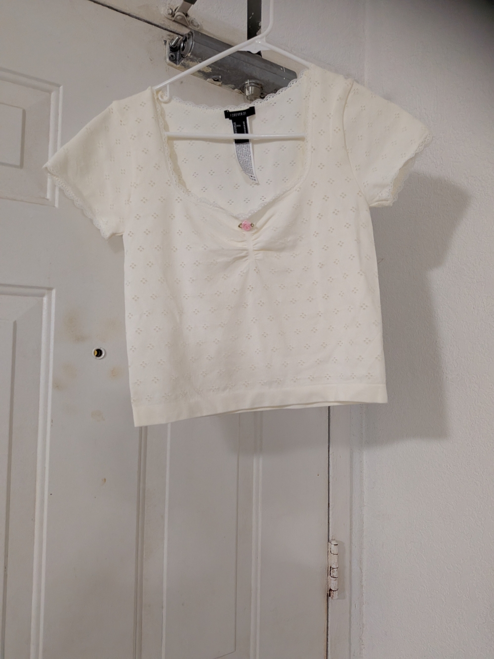 Forever 21 Cream Eyelet Short Sleeve Crop Top with Pink Rose Accent